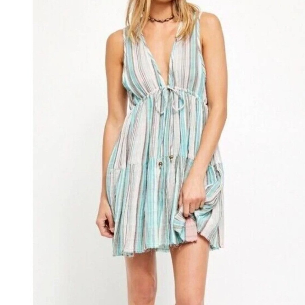 Free People Freebird Striped Cotton Gauze Dress Teal Pink S flowy Boho Festival